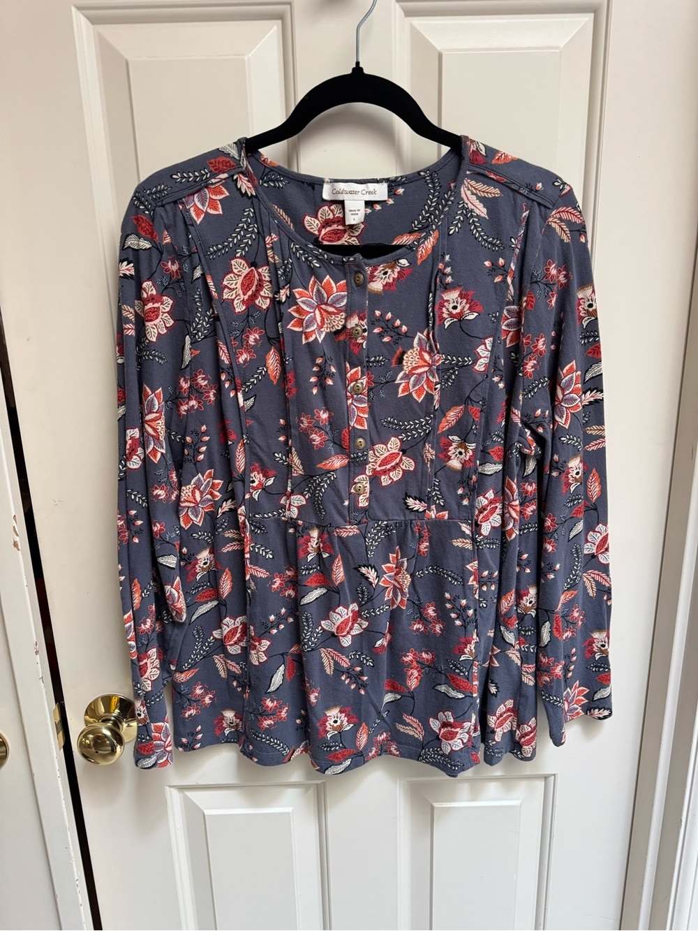 Coldwater Creek Gray/Blue Floral Long-Sleeve Peasant Top